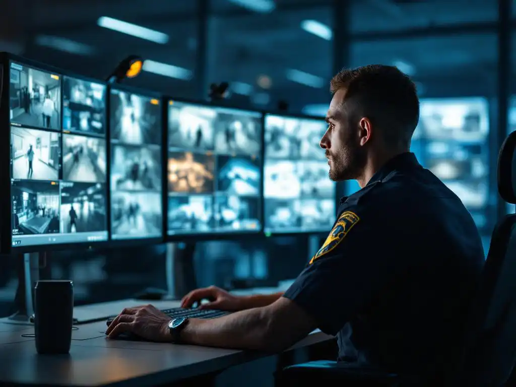 Beveiligingsmedewerker in donker uniform bewaakt meerdere surveillanceschermen in moderne beveiligingscentrale met amber monitorgloed