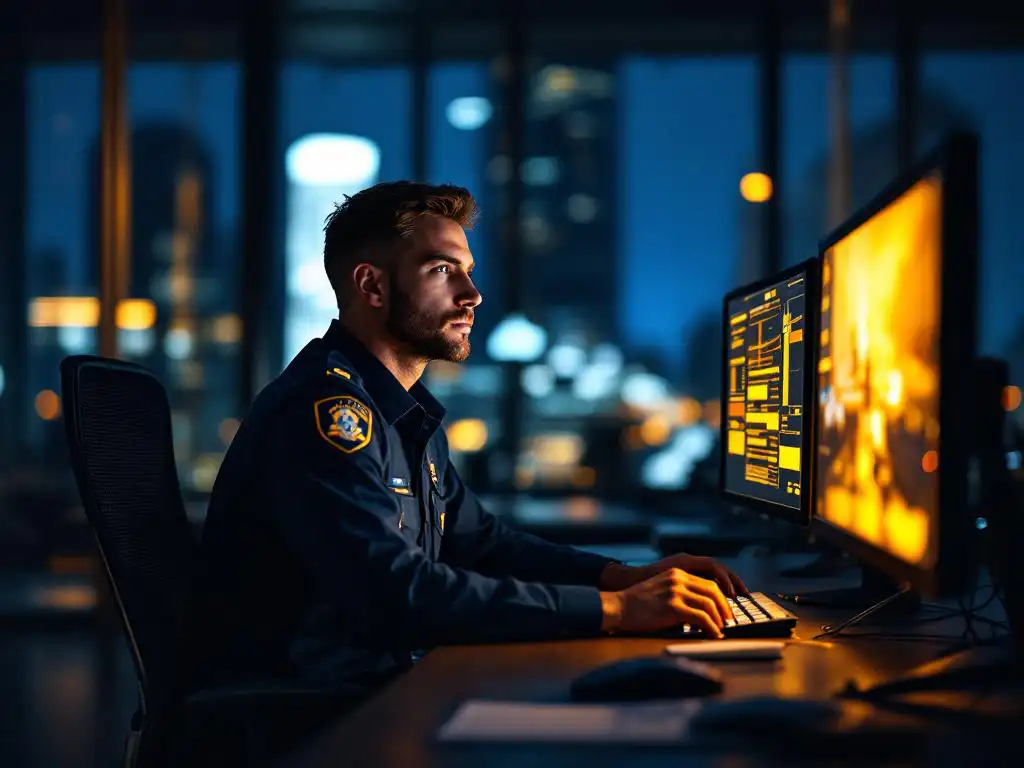 Beveiligingsmedewerker monitort bewakingsschermen in moderne controlekamer 's nachts met stadsverlichting op achtergrond