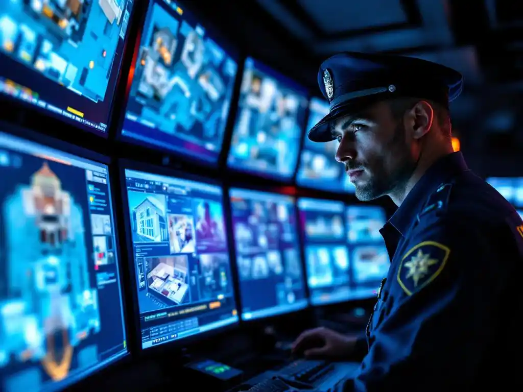 Beveiligingsbeambte in uniform bestudeert verlichte bewakingsmonitoren met plattegronden en camerabeelden in moderne controlekamer