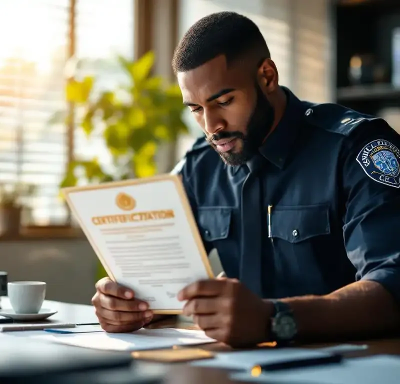 Beveiligingsbeambte in marineblauw uniform bestudeert certificatiedocument met gouden ministerie zegel aan modern bureau