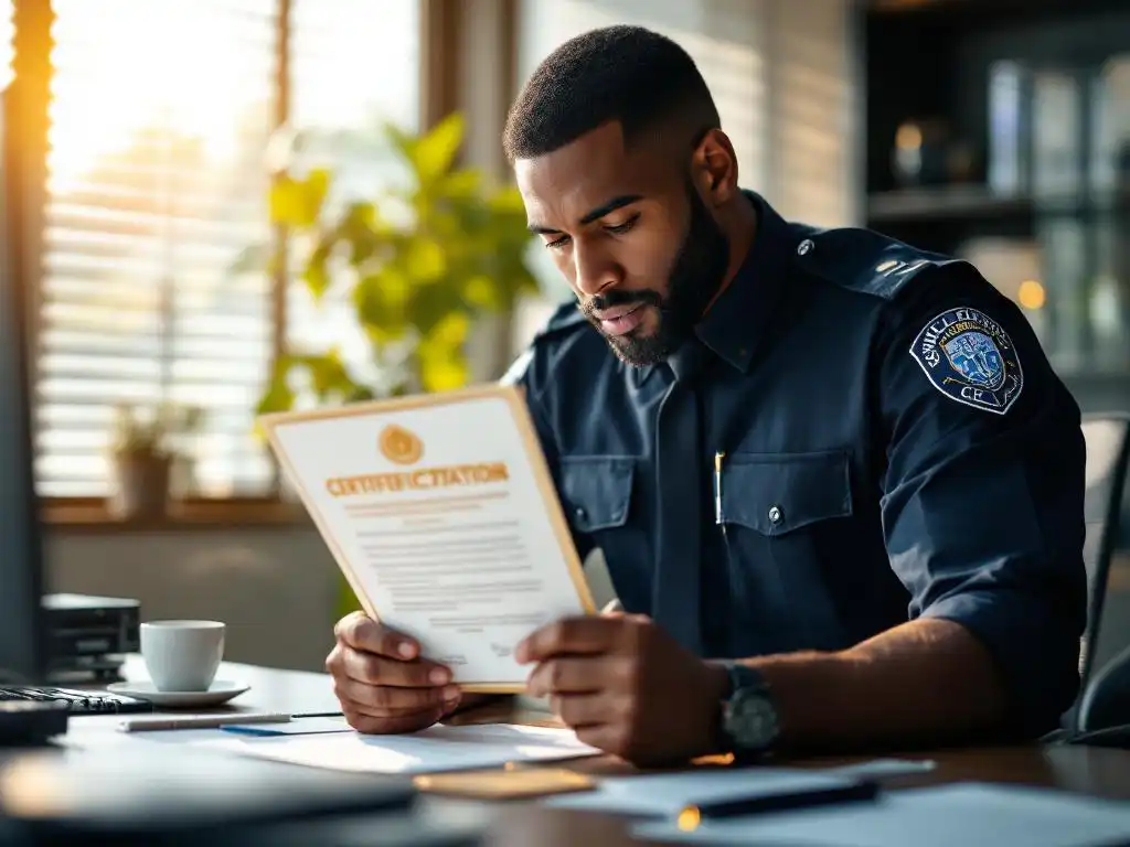 Beveiligingsbeambte in marineblauw uniform bestudeert certificatiedocument met gouden ministerie zegel aan modern bureau