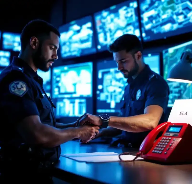 Beveiligingsbeambte in donker uniform controleert horloge bij controlekamerbureau met bewakingsschermen en rode noodtelefoon