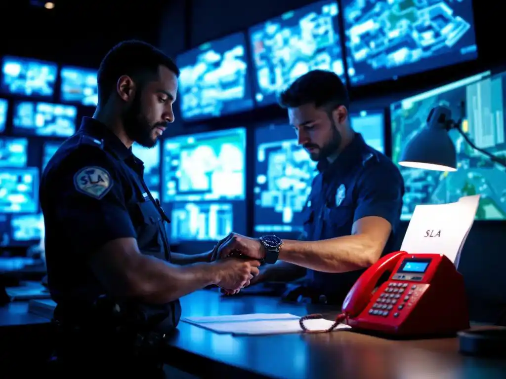 Beveiligingsbeambte in donker uniform controleert horloge bij controlekamerbureau met bewakingsschermen en rode noodtelefoon