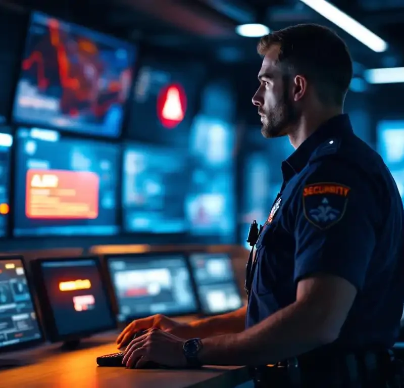 Beveiligingsbeambte in donkerblauw uniform bedient radio in moderne controlekamer met surveillancemonitoren en rode waarschuwing