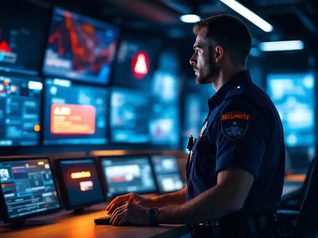 Beveiligingsbeambte in donkerblauw uniform bedient radio in moderne controlekamer met surveillancemonitoren en rode waarschuwing