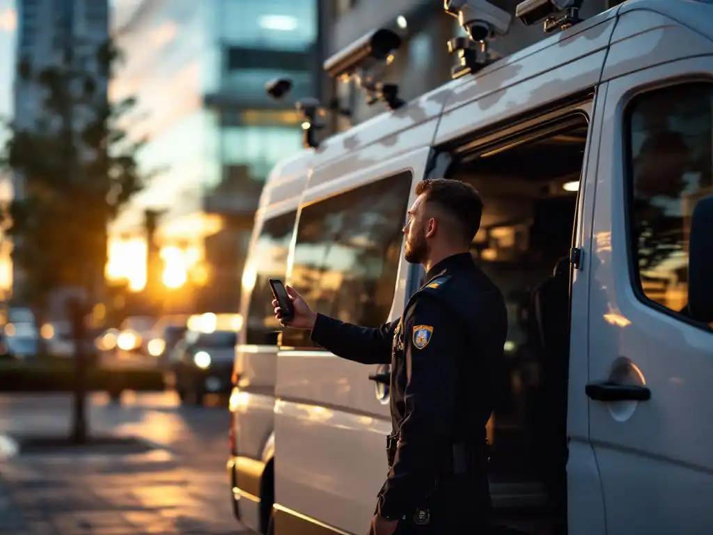 Beveiligingsmedewerker inspecteert witte bewakingsvan met camera's voor modern kantoorgebouw tijdens gouden uur