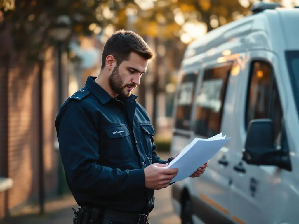 Beveiligingsbeambte in donkerblauw uniform bestudeert juridisch document naast witte surveillancewagen op Nederlandse woonstraat