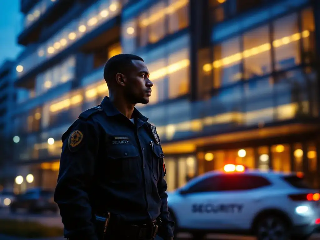 Beveiligingsbeambte in donker uniform loopt langs modern kantoorgebouw bij schemering, witte beveiligingsauto met oranje lichten geparkeerd