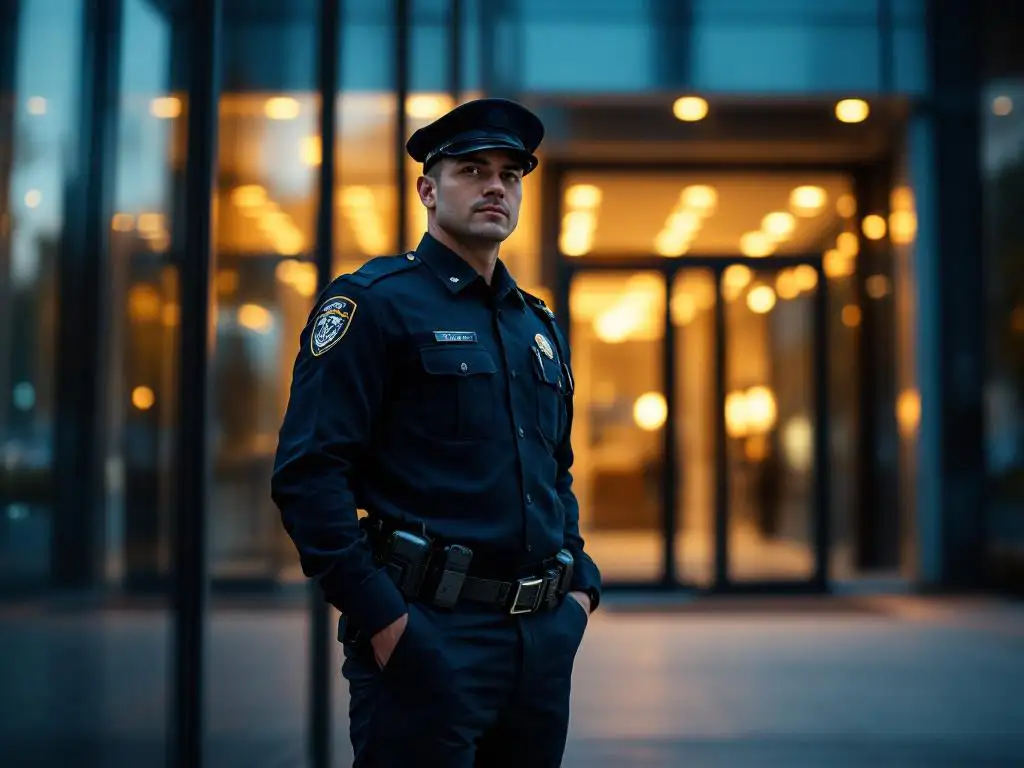 Professionele beveiligingsbeambte in donkerblauw uniform bij moderne kantoorgebouw ingang tijdens schemering, radio aan riem zichtbaar