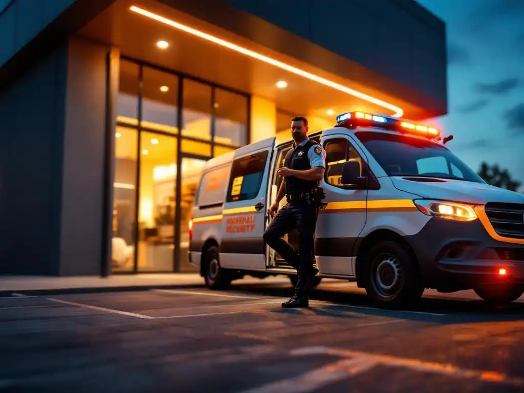 Beveiligingsbeambte in Marshall Security uniform stapt uit witte patrouillevoertuig met oranje markeringen bij kantoorgebouw tijdens schemering
