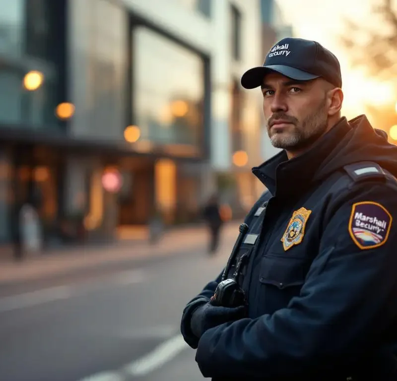 Beveiligingsmedewerker in Marshall Security uniform staat naast patrouillevoertuig in moderne Nederlandse bedrijfswijk tijdens gouden uur