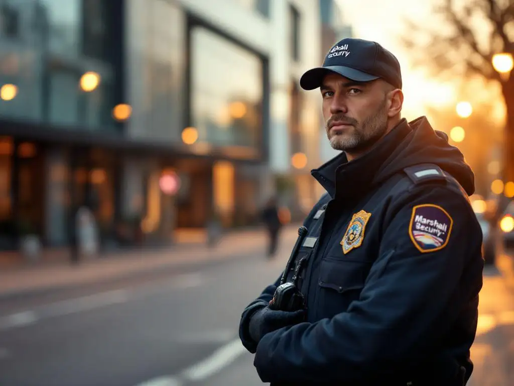 Beveiligingsmedewerker in Marshall Security uniform staat naast patrouillevoertuig in moderne Nederlandse bedrijfswijk tijdens gouden uur