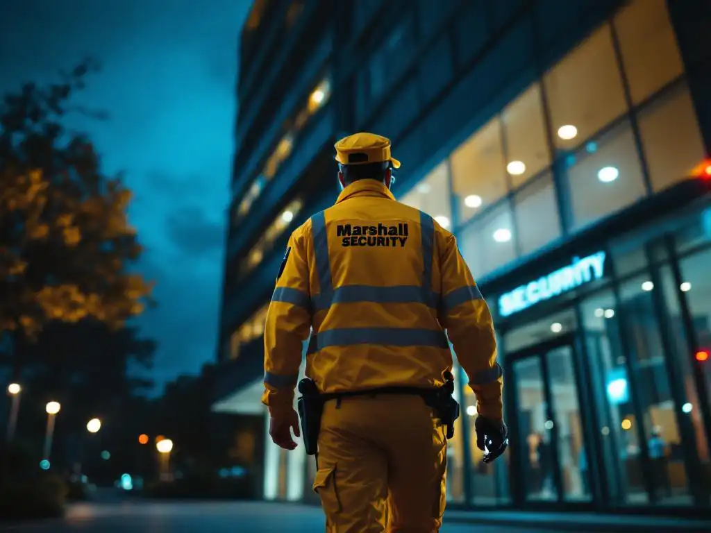 Beveiligingsbeambte in geel uniform loopt 's nachts naar kantoorgebouw met rode alarmverlichting