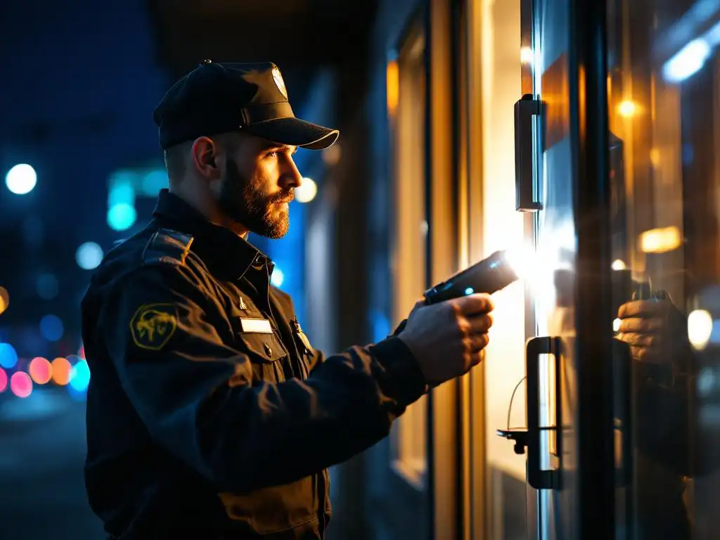 Beveiliger in uniform controleert 's avonds deursloten van modern kantoorgebouw met LED-zaklamp