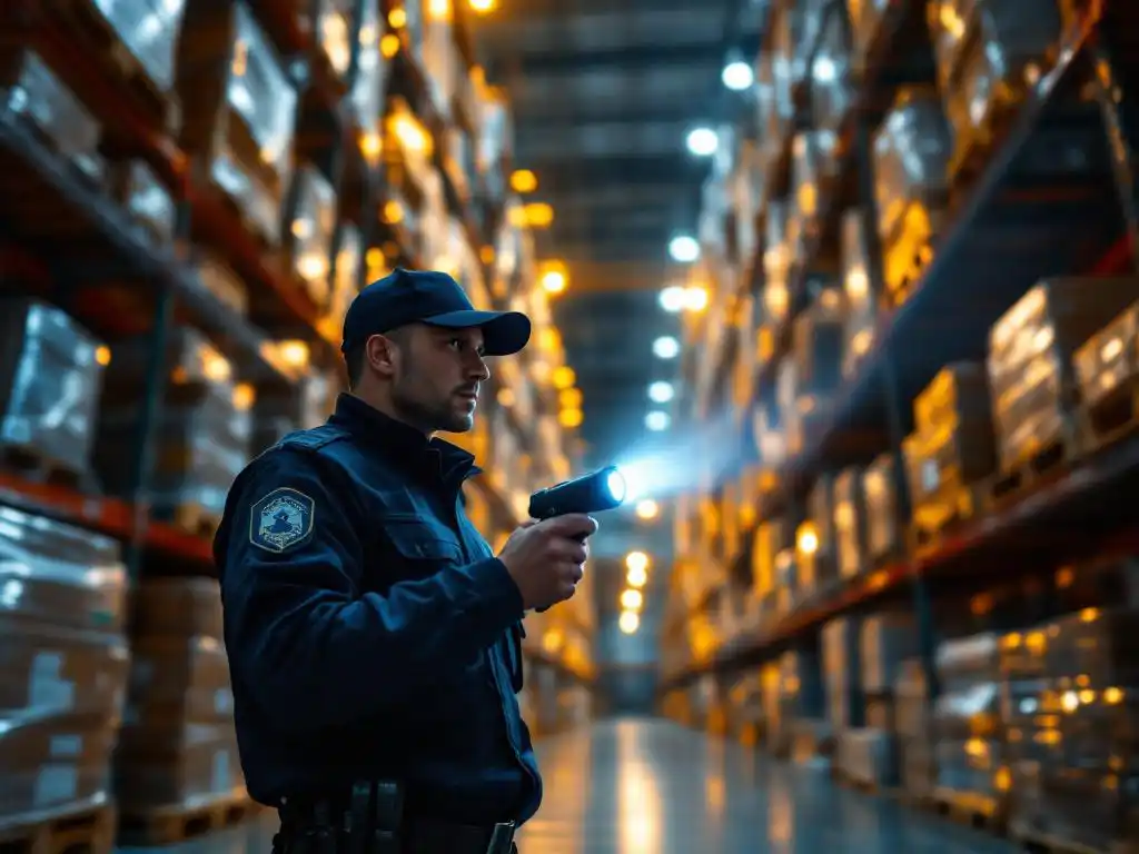 Beveiligingsbeambte inspecteert 's nachts industrieel magazijn met zaklamp tussen hoge stellingen en pallets