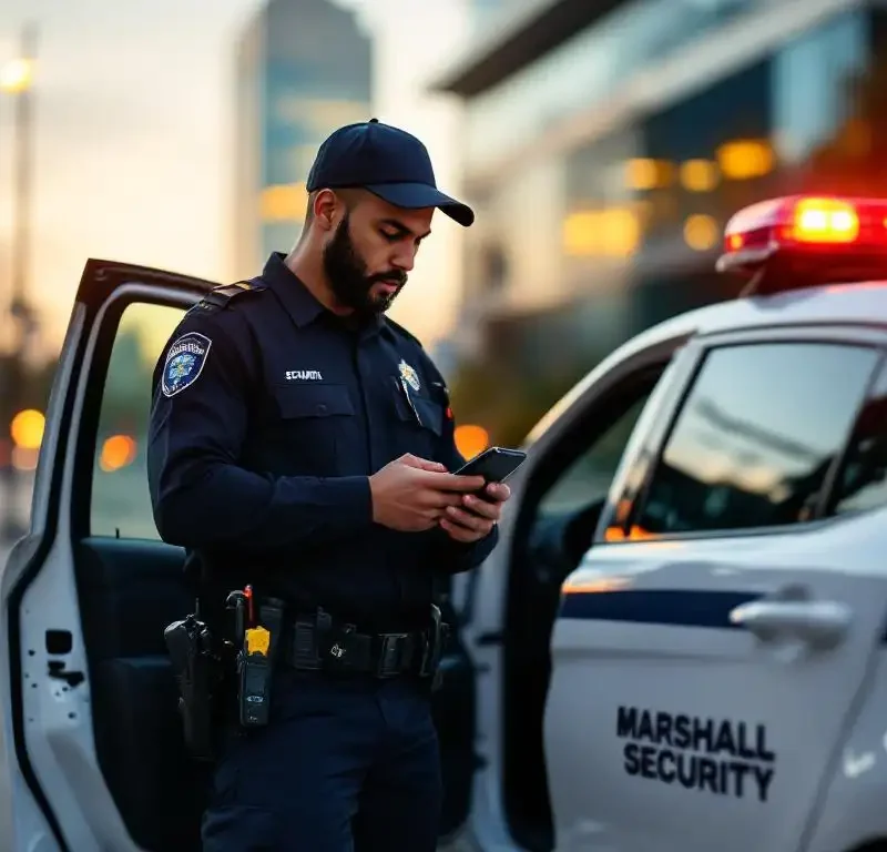 Beveiligingsbeambte in donker uniform controleert smartphone naast witte Marshall Security patrouillevoertuig met open portier