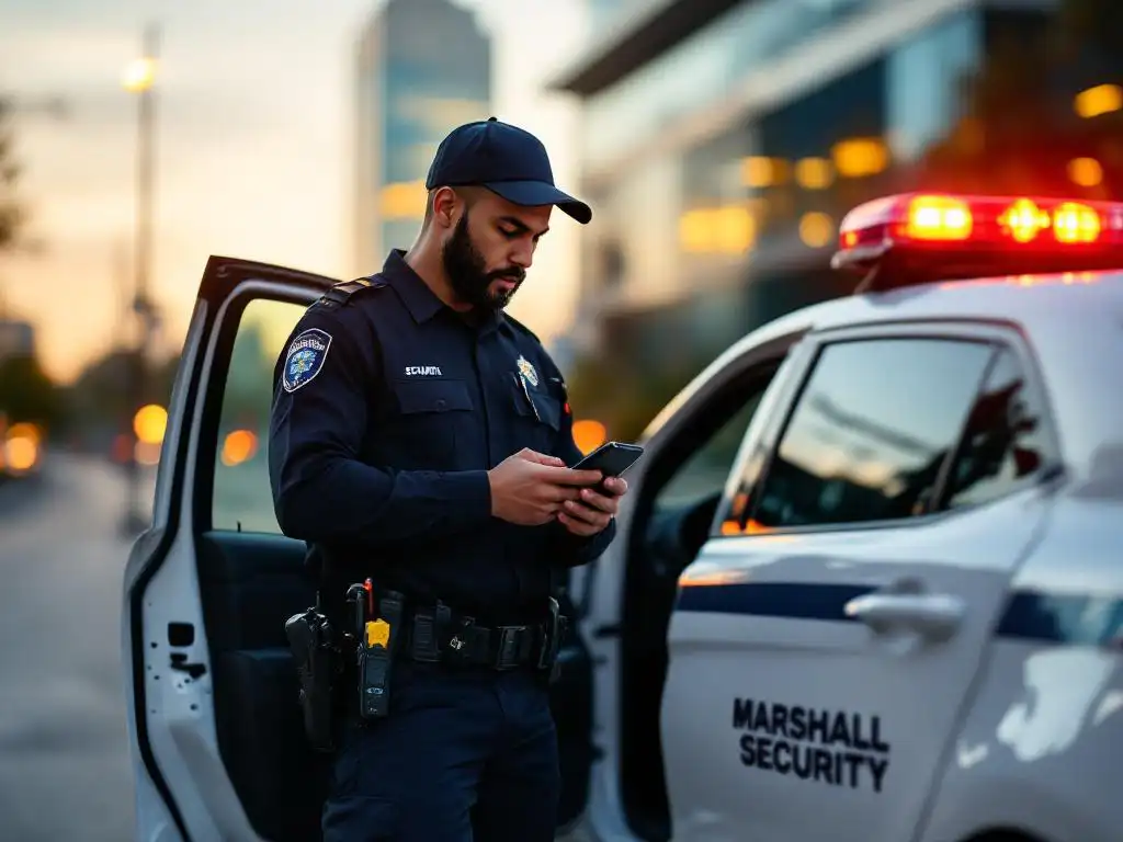 Beveiligingsbeambte in donker uniform controleert smartphone naast witte Marshall Security patrouillevoertuig met open portier
