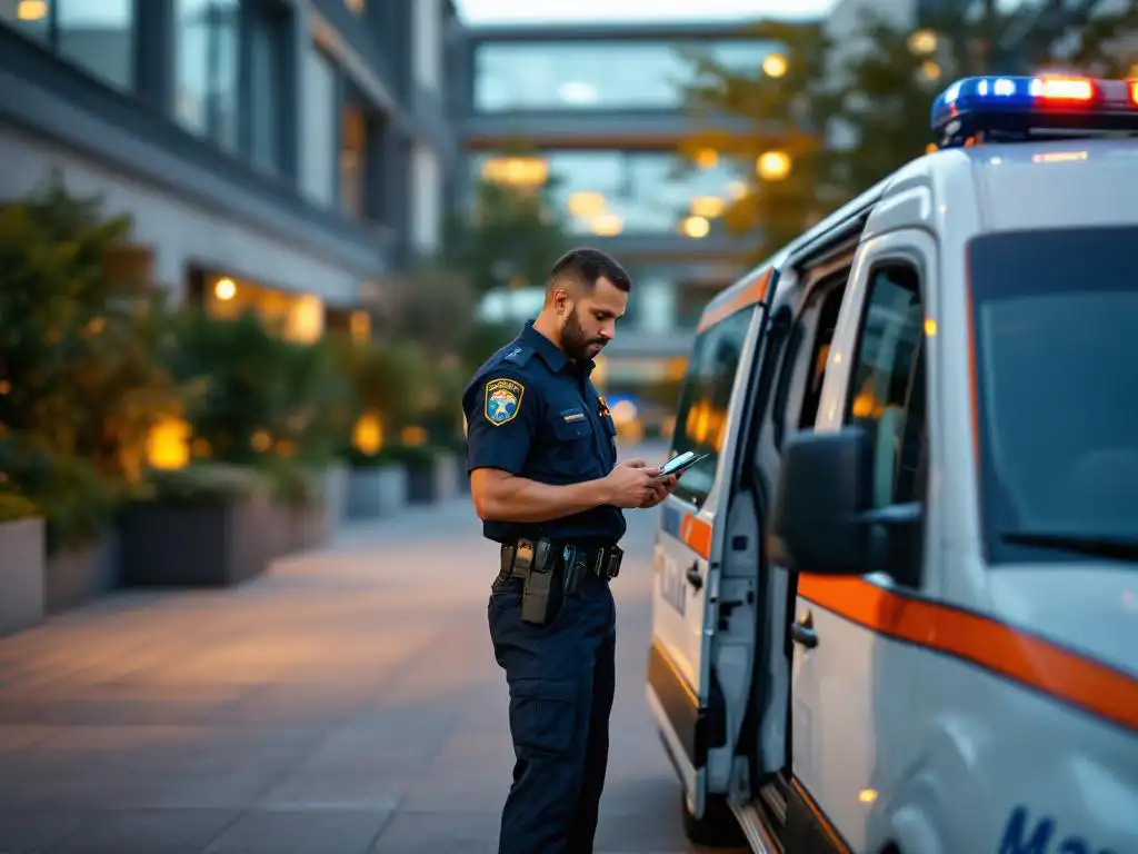 Beveiligingsbeambte in marineblauw uniform stapt uit witte patrouillevoertuig en controleert handheld apparaat bij moderne kantoorcomplex tijdens schemering