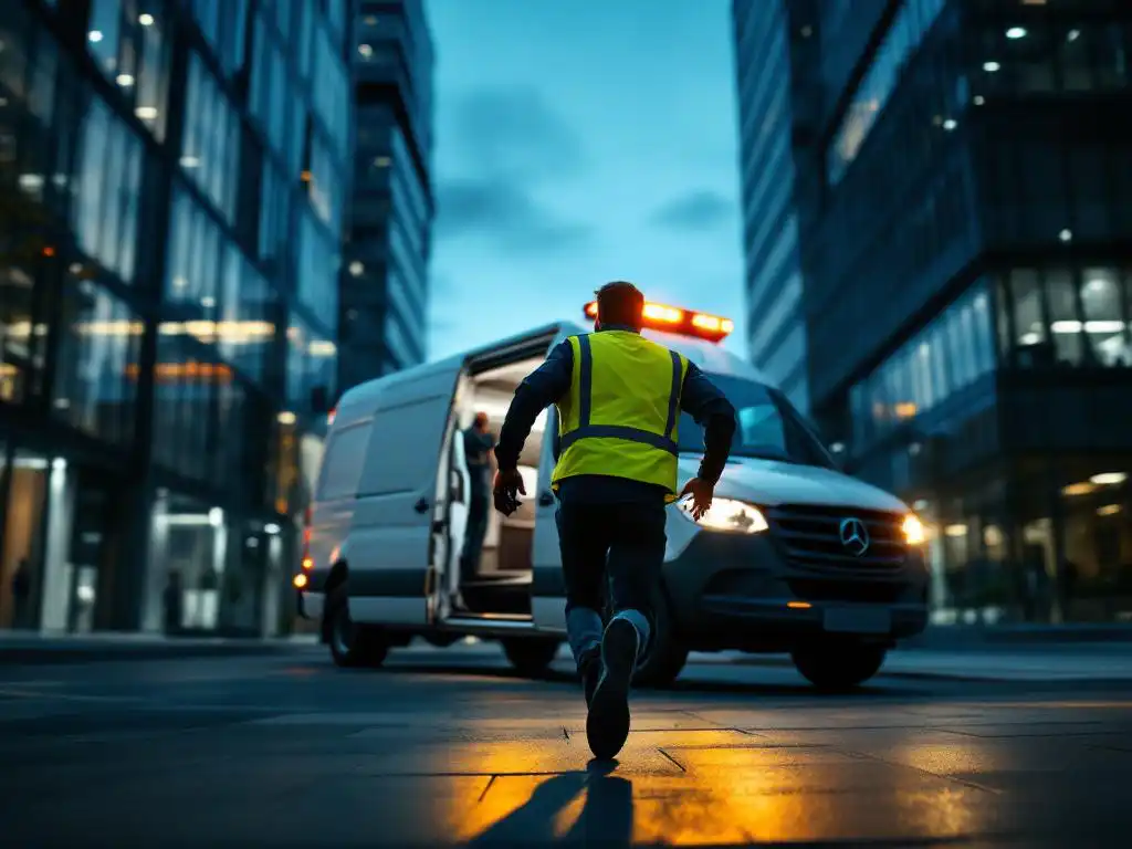 Beveiliger in gele reflecterende vest rent naar witte surveillancewagen met zwaailichten bij modern kantoorgebouw