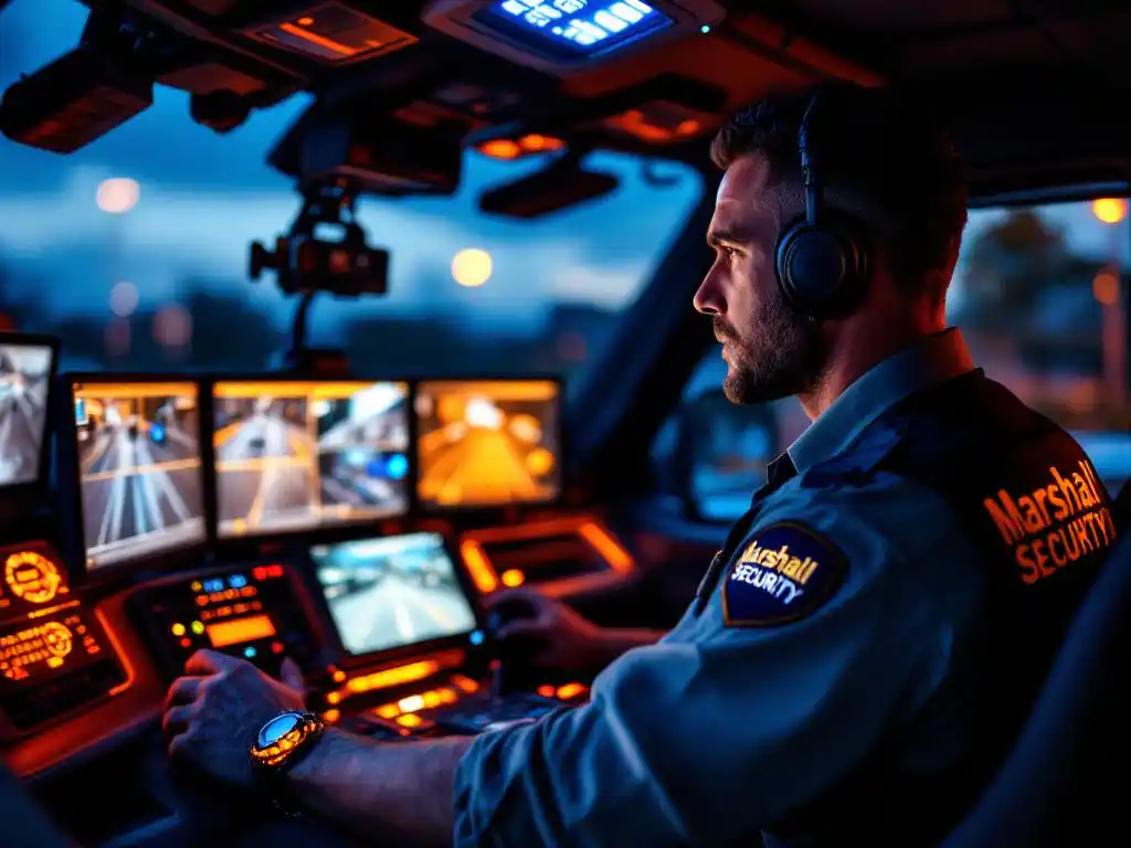 Beveiligingsbeambte in uniform monitort bewakingscamera's vanuit moderne surveillancewagen tijdens schemering