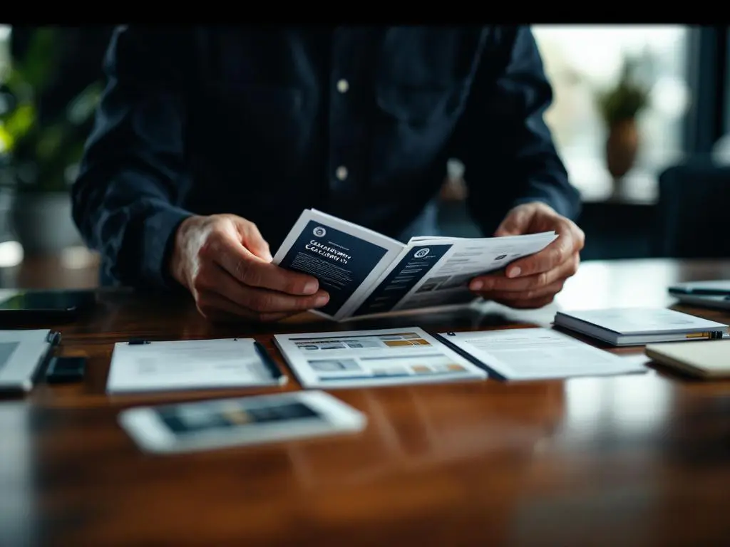 Beveiligingsconsultant in donker uniform vergelijkt certificeringsbadges op bedrijfsbrochures aan houten vergadertafel