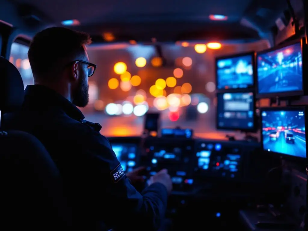 Beveiligingsmedewerker monitort meerdere schermen in moderne surveillancewagen op Nederlandse straat bij schemering