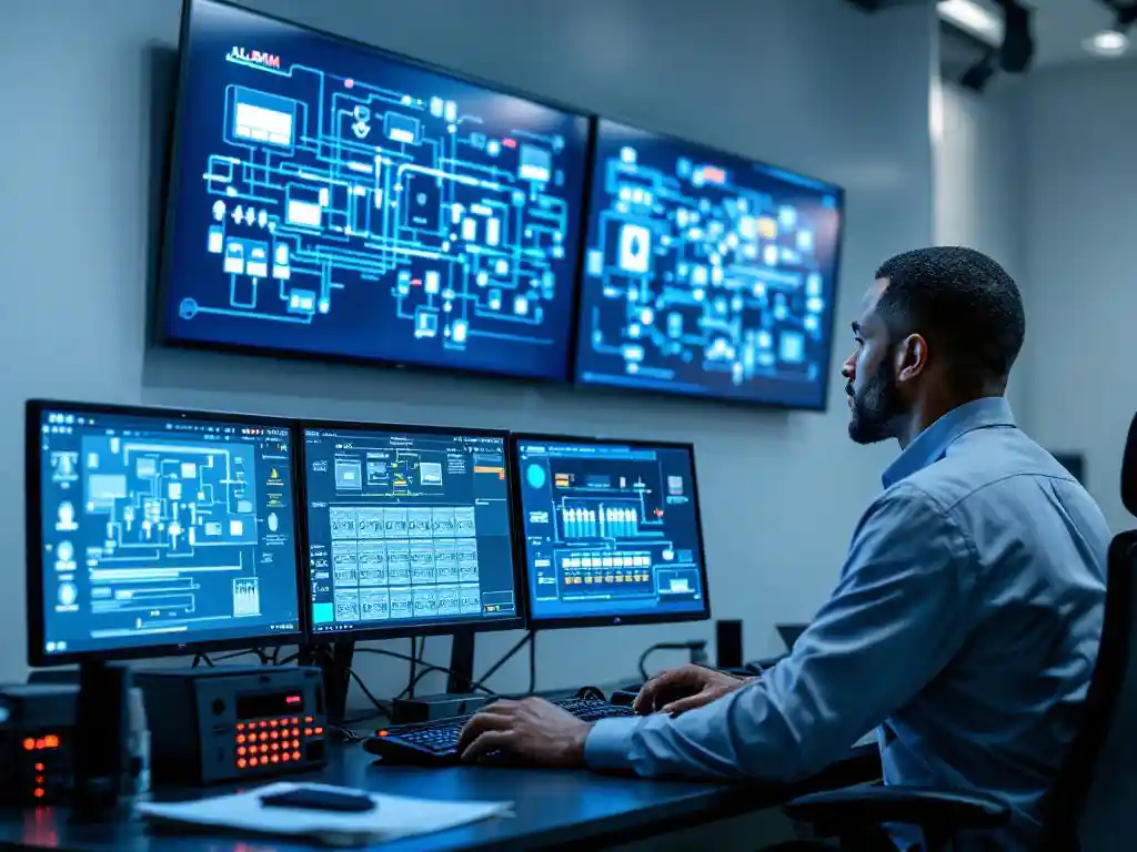 Moderne beveiligingscontrolekamer met operator die twee monitoringstations vergelijkt, waarvan één een complex netwerk van verbonden alarmsensoren toont