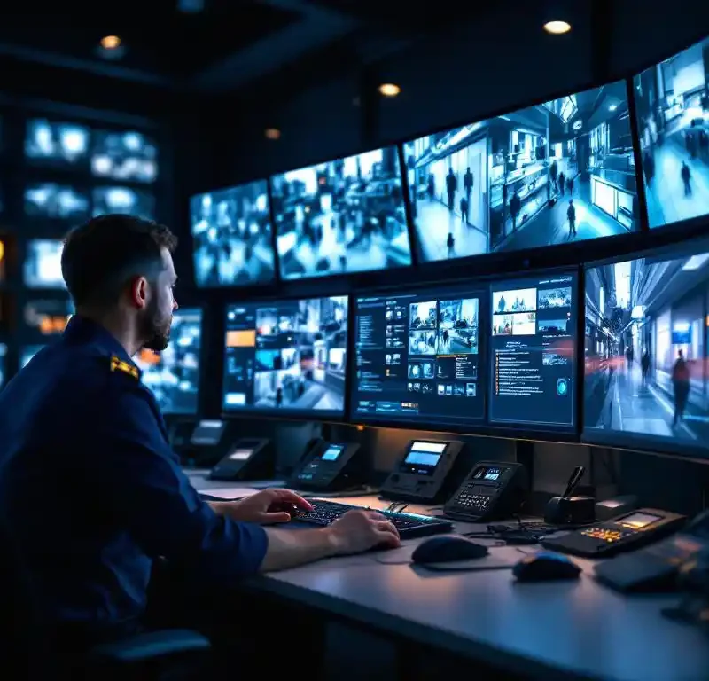 Beveiligingsmedewerker in uniform monitort live camerabeelden op meerdere schermen in professionele controlekamer