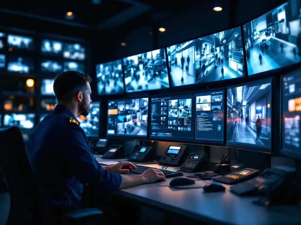 Beveiligingsmedewerker in uniform monitort live camerabeelden op meerdere schermen in professionele controlekamer