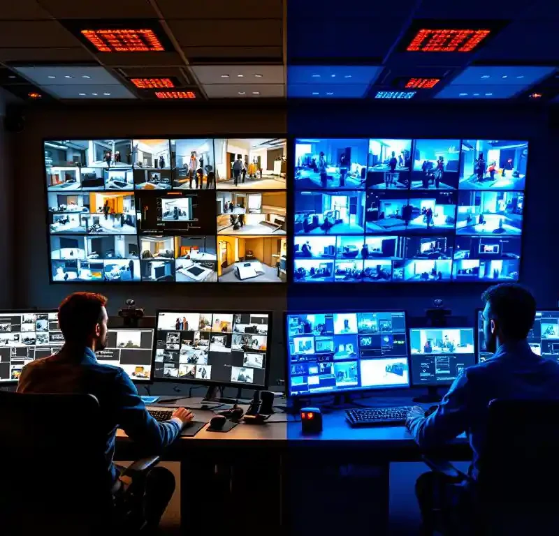 Beveiligingscentrale met dag- en nachtploeg operators die surveillancemonitors bekijken onder verschillende verlichtingsomstandigheden
