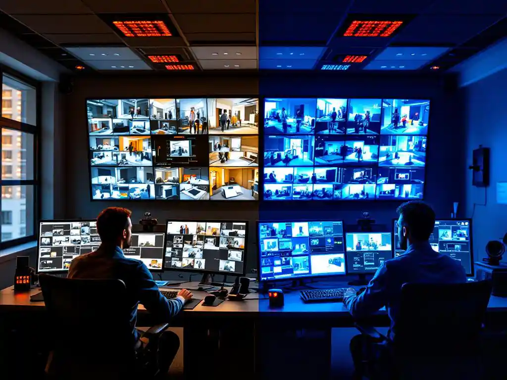 Beveiligingscentrale met dag- en nachtploeg operators die surveillancemonitors bekijken onder verschillende verlichtingsomstandigheden