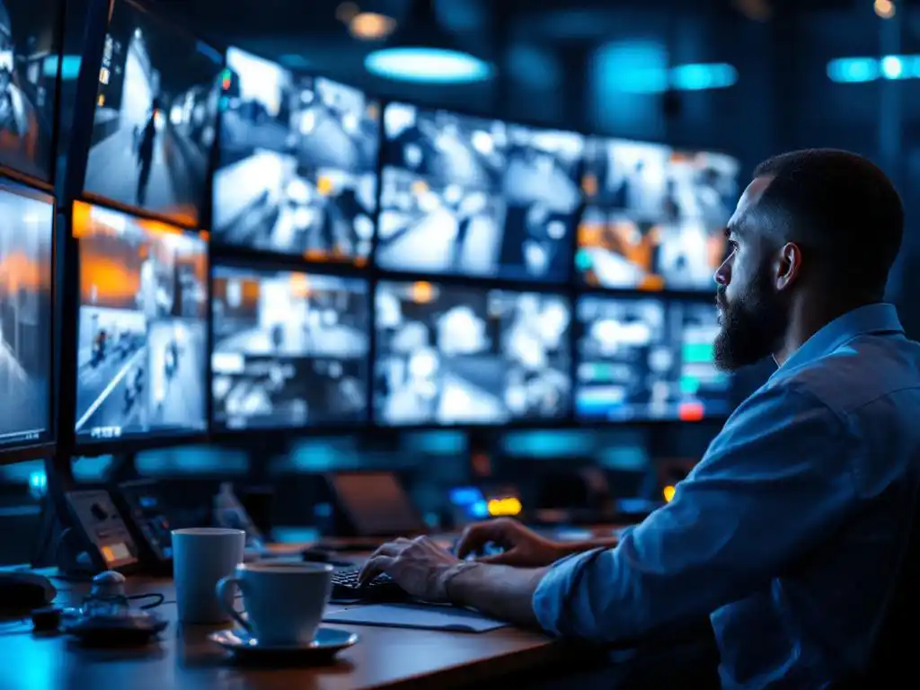 Beveiligingsmedewerker bewaakt meerdere surveillanceschermen in commandocentrum met dag- en nachtbeelden
