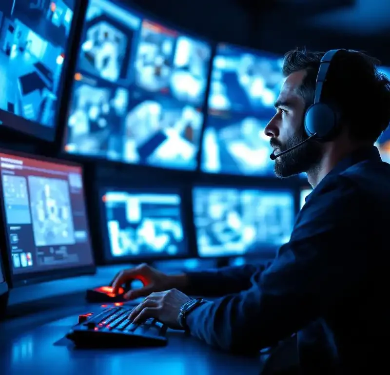 Beveiligingsoperator met headset bereikt rode noodknop in moderne commandocentrale met meerdere monitors