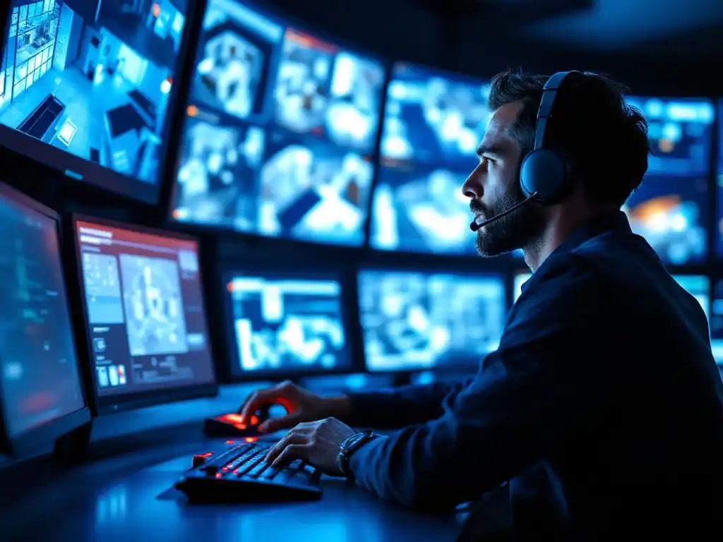 Beveiligingsoperator met headset bereikt rode noodknop in moderne commandocentrale met meerdere monitors