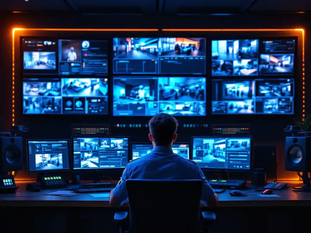Beveiligingsoperator in uniform bewaakt meerdere surveillancemonitors in professionele controlekamer met blauwe verlichting