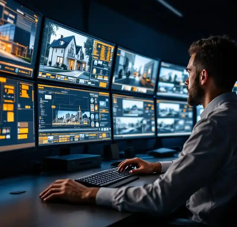 Beveiligingsoperator past aangepaste alarminstellingen aan op meerdere hoogresolutieschermen in moderne commandocentrale