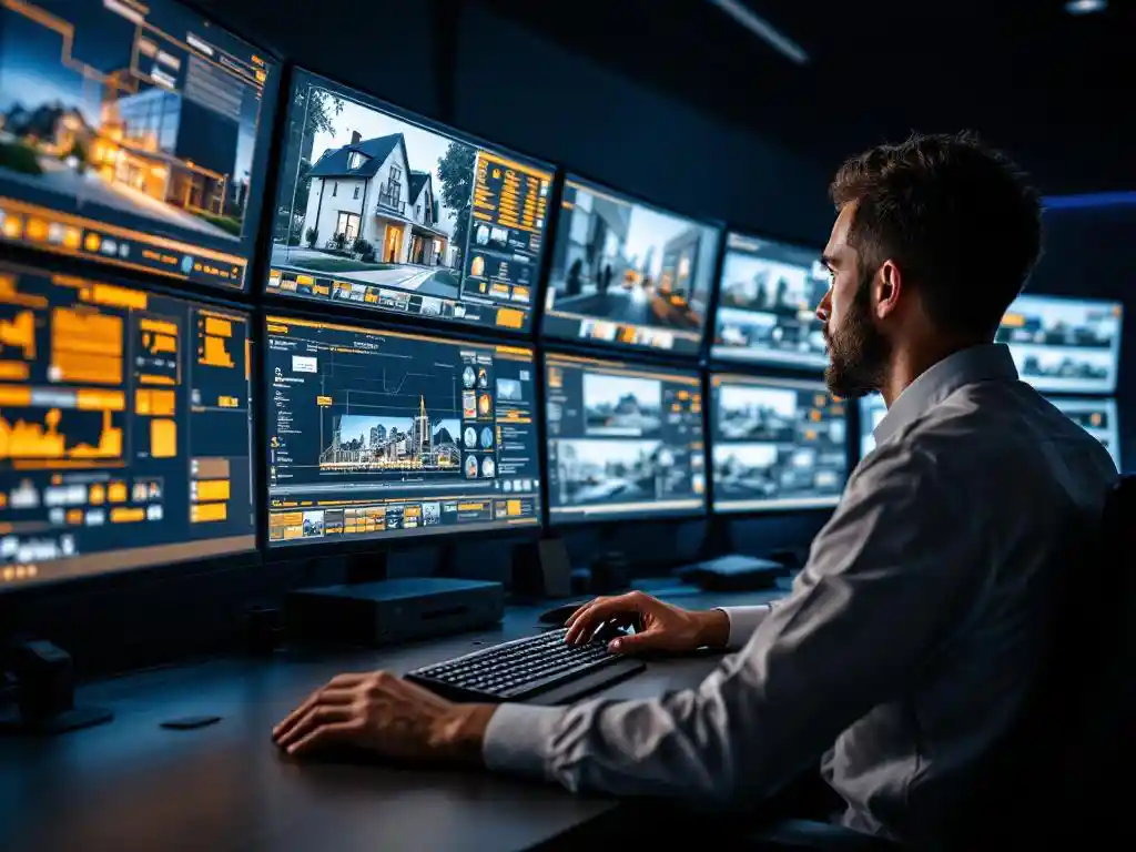 Beveiligingsoperator past aangepaste alarminstellingen aan op meerdere hoogresolutieschermen in moderne commandocentrale