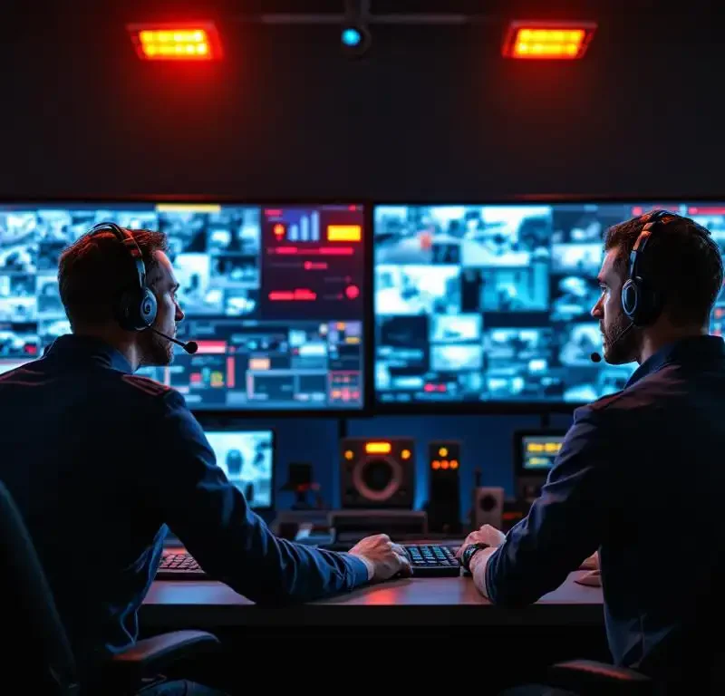 Beveiligingscontrolekamer met twee operators die alarmpanelen en camerabewaking monitoren, professionele surveillanceapparatuur