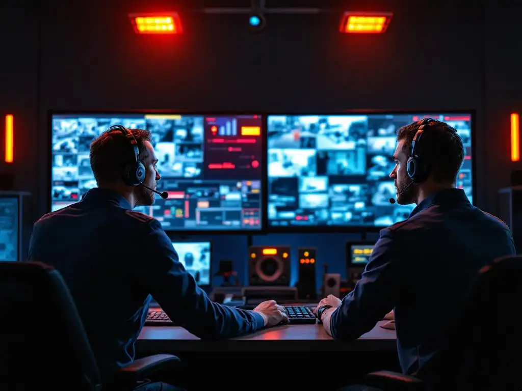 Beveiligingscontrolekamer met twee operators die alarmpanelen en camerabewaking monitoren, professionele surveillanceapparatuur