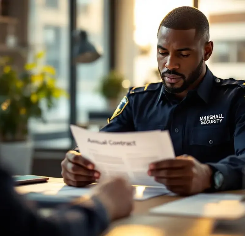 Beveiligingsbeambte in Marshall Security uniform bestudeert jaarcontract aan modern kantoorbureau met telefoon en tablet