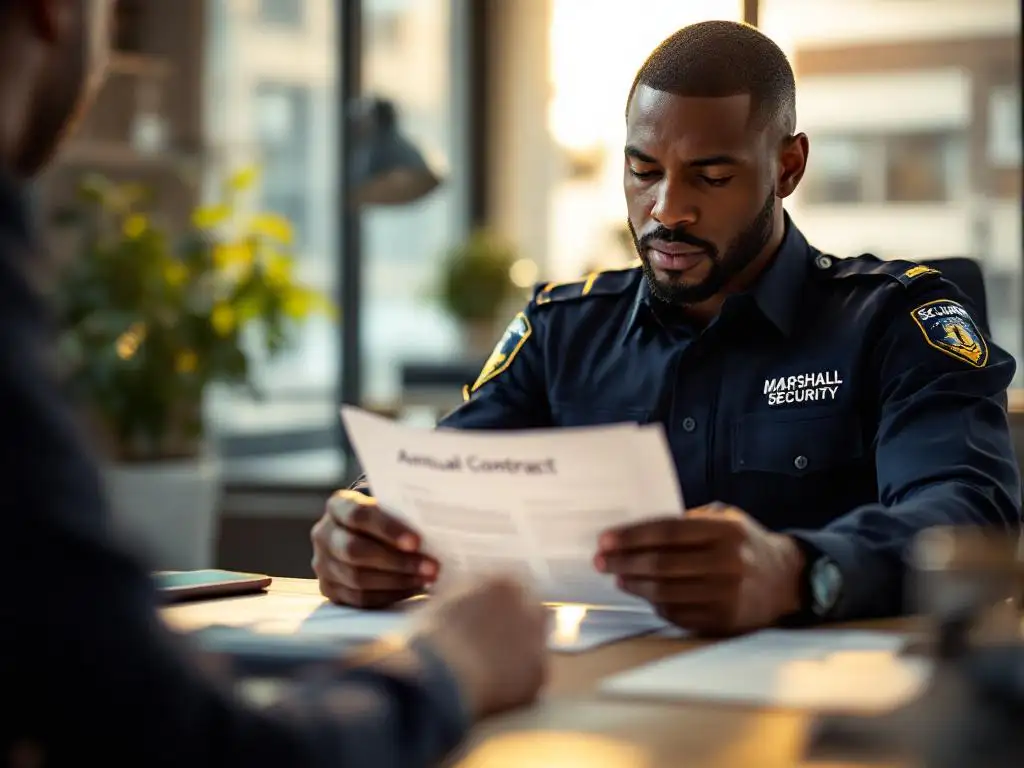 Beveiligingsbeambte in Marshall Security uniform bestudeert jaarcontract aan modern kantoorbureau met telefoon en tablet