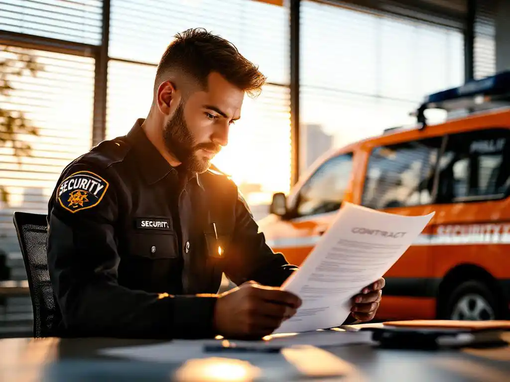 Beveiligingsmedewerker in donker uniform bestudeert contract aan modern bureau met oranje patrouillevoertuig op achtergrond