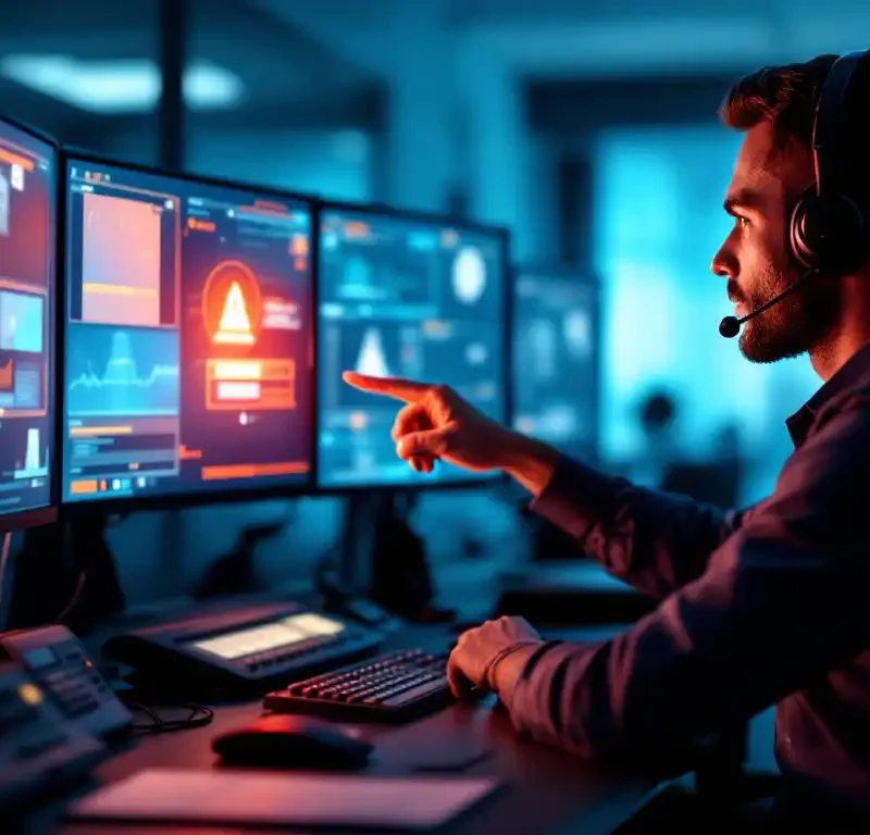 Beveiligingsoperator wijst naar rode alarmmelding op monitor in moderne controlekamer met meerdere schermen