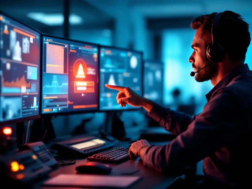 Beveiligingsoperator wijst naar rode alarmmelding op monitor in moderne controlekamer met meerdere schermen