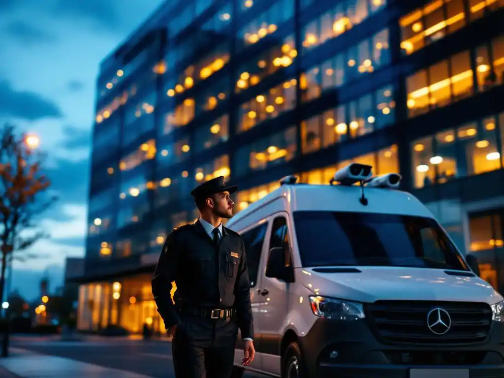 Beveiligingsmedewerker in uniform loopt langs witte bewakingsvan met monitoringapparatuur voor modern glazen kantoorgebouw bij schemering