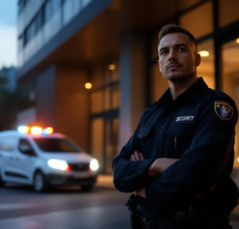 Professionele beveiligingsbeambte in donker uniform naast moderne kantoorgebouw ingang bij schemering, witte patrouillevoertuig op achtergrond