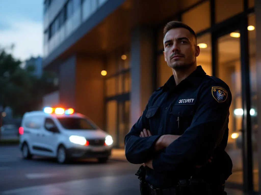 Professionele beveiligingsbeambte in donker uniform naast moderne kantoorgebouw ingang bij schemering, witte patrouillevoertuig op achtergrond