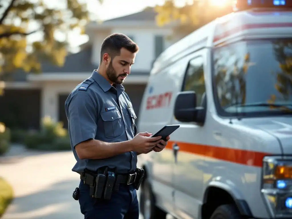 Beveiligingsbeambte in uniform controleert tablet naast witte surveillancewagen voor moderne woning, radioapparatuur zichtbaar aan riem