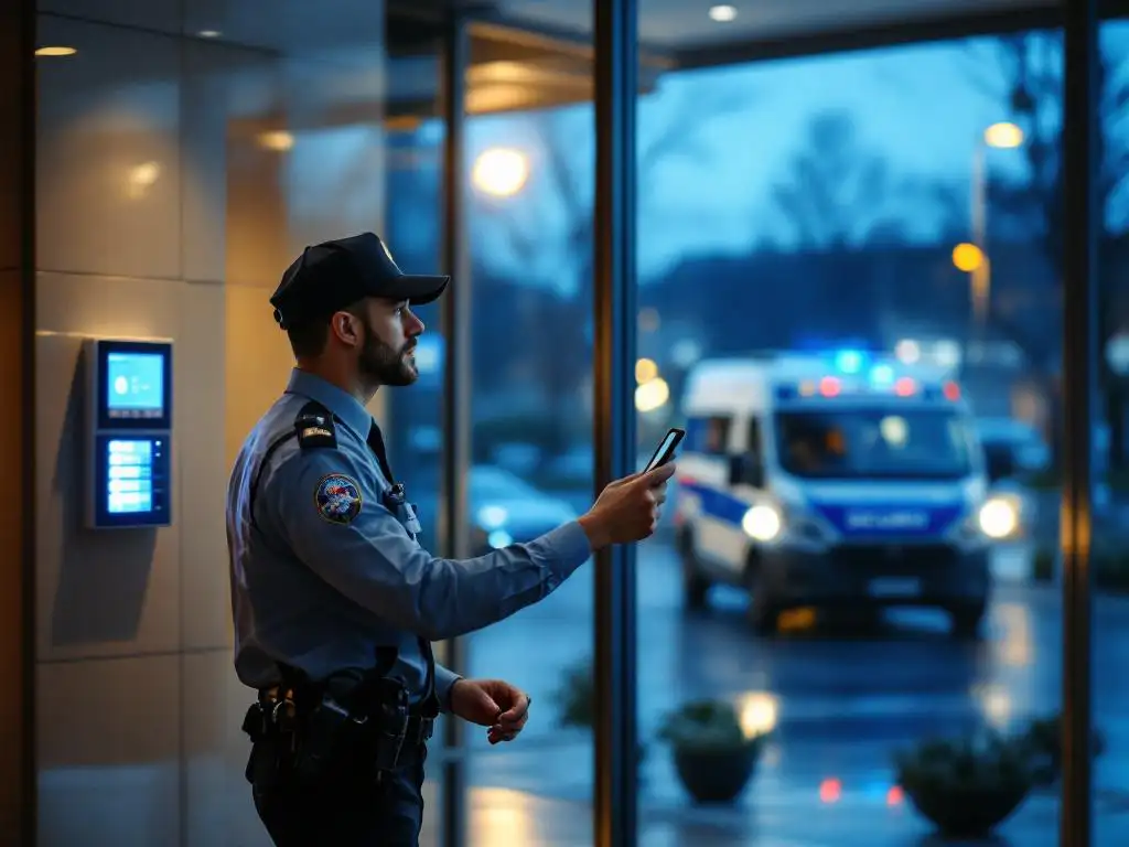 Beveiliger controleert digitaal alarmpaneel in moderne kantoorlobby terwijl patrouillevoertuig buiten rondes rijdt