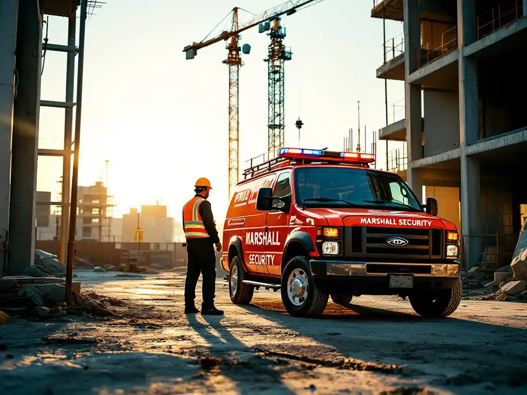 Oranje Marshall Security patrouillevoertuig geparkeerd bij bouwplaats ingang, beveiligingsmedewerker inspecteert terrein bij steigers